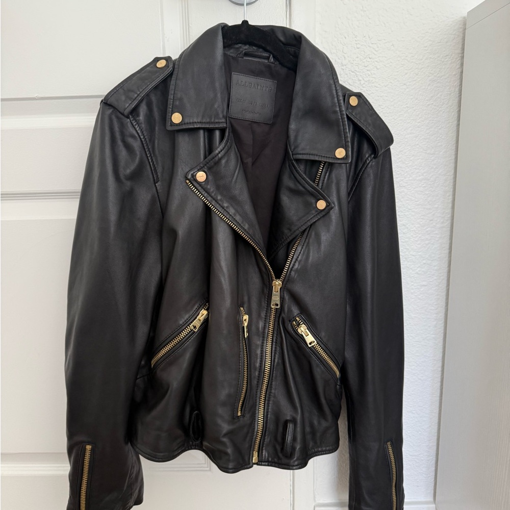 All Saints Black Leather Biker Jacket with Gold Accents - Picture 2 of 8